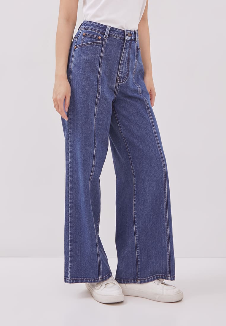 DUST Celana Panel Wide Leg Denim Belima Dark Blue Comfease (D. 39118)