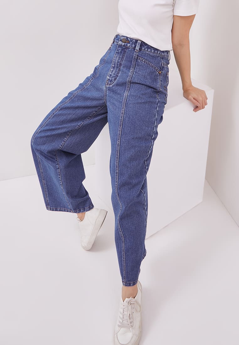 DUST Celana Panel Wide Leg Denim Belima Dark Blue Comfease (D. 39118)