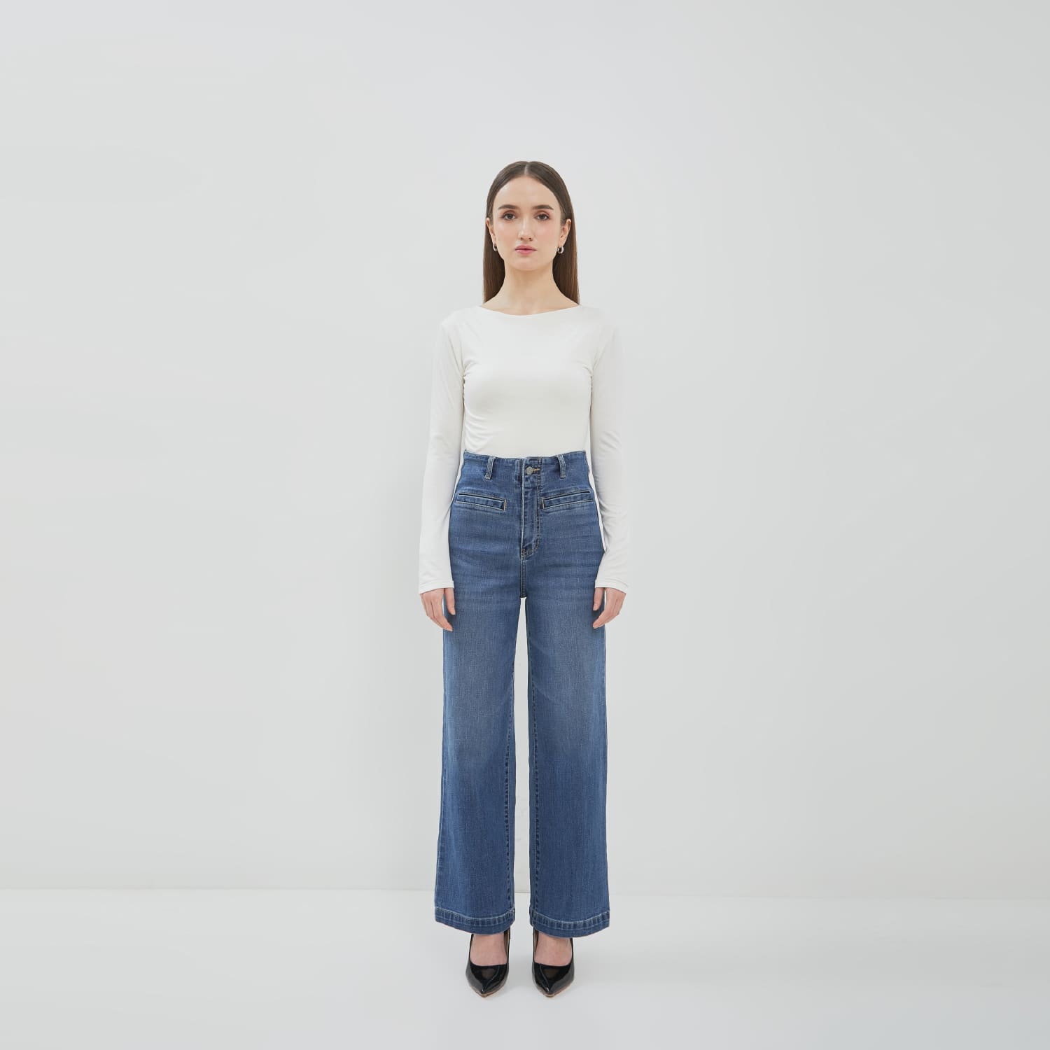 DUST Celana Waistless Wide Leg Jeans Narbita Medium Light Blue (D.39193)