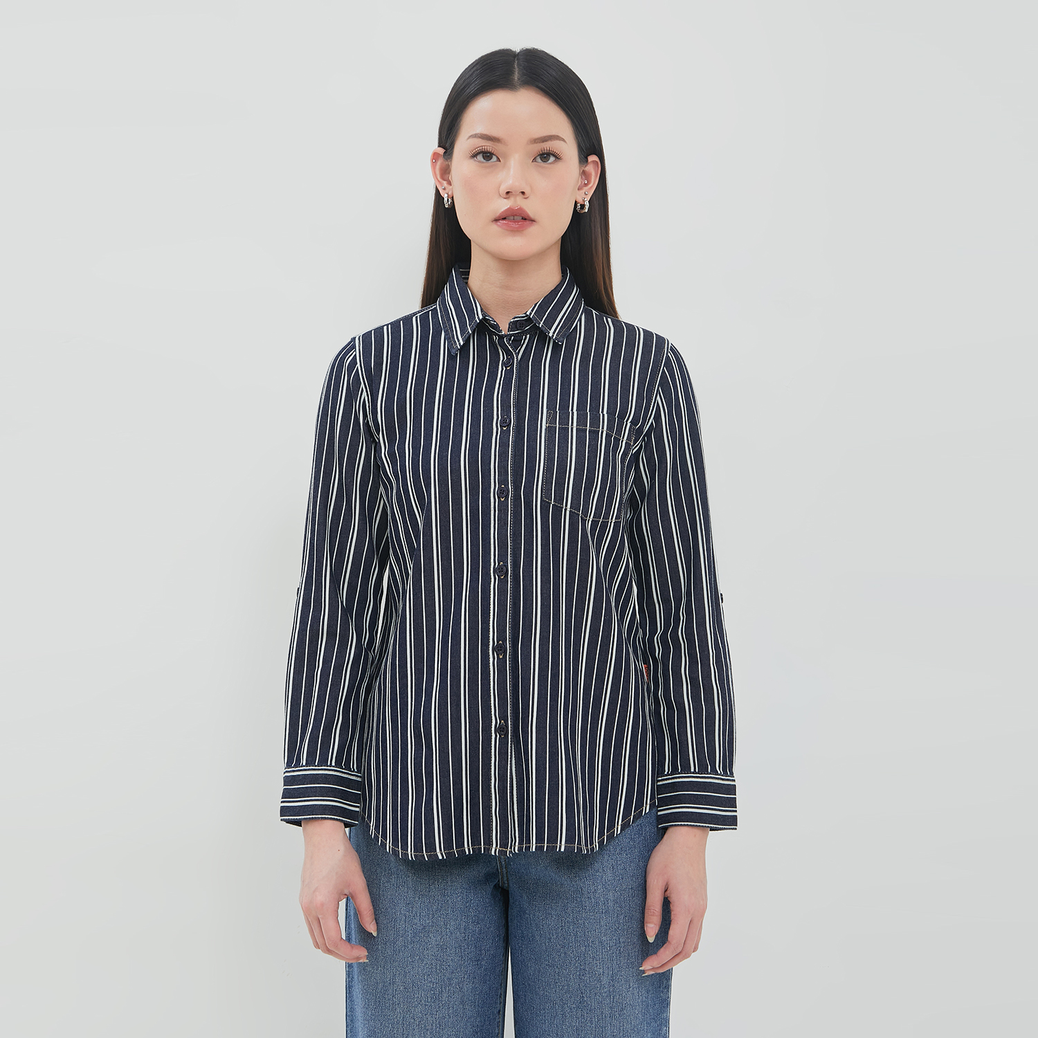 DUST Kemeja Denim Ansel Garis Dark Blue  (D.116559)
